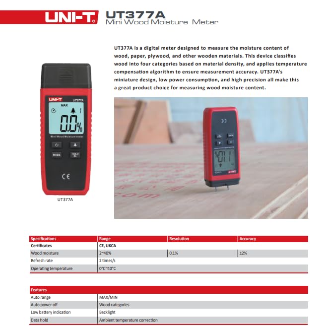 UNI-T Uni-Trend Hygrometer UT377A Digital Wood Moisture Meter Hygrometer Humidity Gauge Tester for Paper Plywood Wooden Materials LCD Display