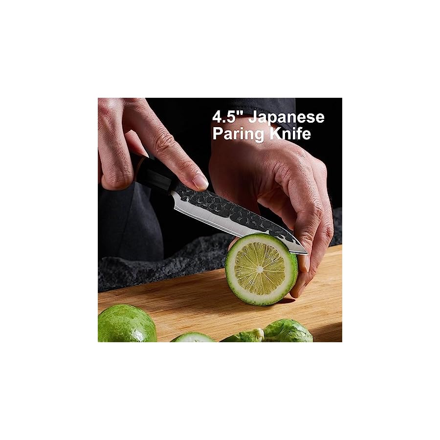 ENOKING-Japanese-Paring-knife45-Inch-Professional-Utility-Knife-5-Layer-9CR18MOV-Clad-Steel-for-Fruits-VegetablesSuper-Sharp-Utility-Knife-with-Ebony-Bolster-African-Rosewood-Handle ENOKING Japanese Paring Knife 4.5 Inch, High Carbon Steel Hand Forged Japanese Knife, 5 Layers 9CR18MOV Kitchen Chef Knife, Fruit Knife with Octagonal Rosewood Handle