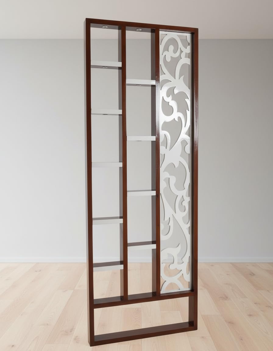 Decorative Room Divider Panel, Brown Wood Frame with White