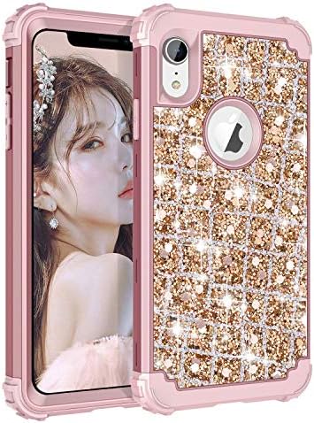 Hekodonk Compatible iPhone XR Case 3D Luxury Sparkle Glitter Shiny Heavy Duty Hybrid Sturdy High Impact Shockproof Protective Cover Case for Apple iPhone 10R 6.1" - Bling Rose Gold