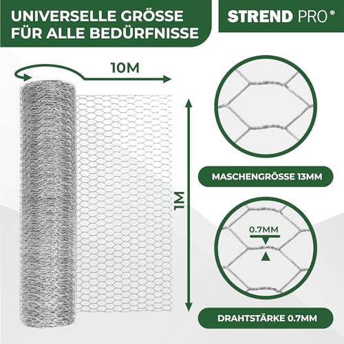 STREND PRO Maschendrahtzaun | Verzinkt | 1m x 10m | 0,7 mm, 13mm HEX | Kaninchendraht, Hasendraht, Volierendraht für Garten & Tierhaltung | Hasengitter, Hühnerzaun, Gartenzaun