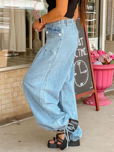 Women's Wide Leg Barrel Jeans Mid Rise Baggy Flared Boyfriend Y2k Elastic Buttoned Cargo Denim Palazzo Pants Lantern Jeans2