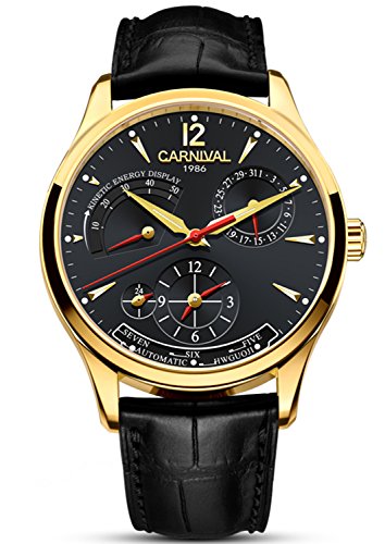 CARNIVAL Mens Kinetic Display Automatic Machine Stainless Steel Sapphire Waterproof Leather Black Watch (Gold/Black Dial)