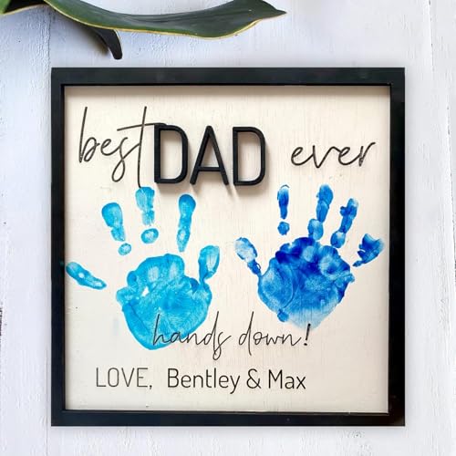 NAZENTI Personalized Happy Fathers Day Gift for Dad Custom Best Dad Ever Hands Down Sign Kid Handprint Gifts Grandpa Dads Gift Fathers Day Christmas Birthday Gifts For Dads Grandpa Wooden Sign