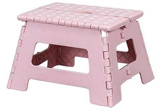 Taburete plegable compacto de plástico rosa,Respetuoso del medio ambiente,Ligero,Superficie de agarre texturizada antideslizante,Diseño de ahorro de
