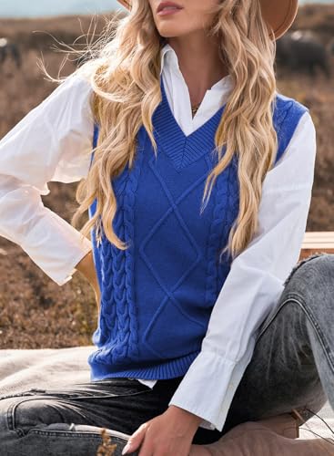 Image of EVALESS Oversized Sweater Vest for Women V Neck Sleeveless Cable Knit Tops