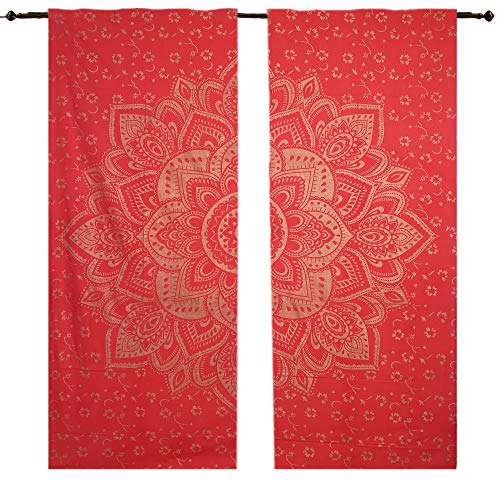 Janki Creation Rouge Doré Tapisserie Or Rouge Ombre Tapisserie Tenture Mandala Tapisserie Murale, Mandala Vitrage Paire de Panneaux 82 Longueur Lot de 2 Ombre Mandala Tapisserie Cover