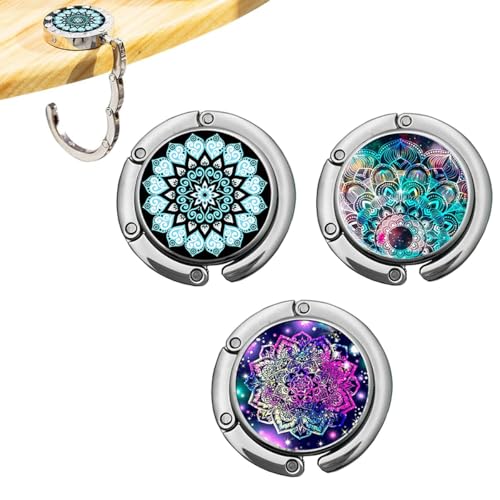 Image of HASTHIP 3Pcs Aesthetic Mandala Metal Desk Bag Hanger - Portable Folding Ring for Table, Office Desk - Aluminum Alloy Removable Hooks for Handbag, Backpack