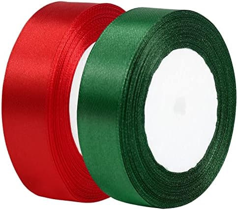 tenn well 2 Rolls Satin Ribbon for Gift Wrapping, 144 Feet 25mm Smooth Green Red Satin Ribbon for Crafting, Hair Bow, Bouquets Floristry, Party and Cake Decorations