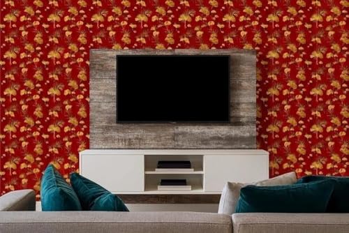Image of Wallpaper for Walls | Vertical Wood Wall Stickers for Wall Decor | Self Adhersive Wall Paper for Home Kitchen Living Room and Bedroom | 45 Cm X 500 Cm (Red & Gold Botanical Elegance)