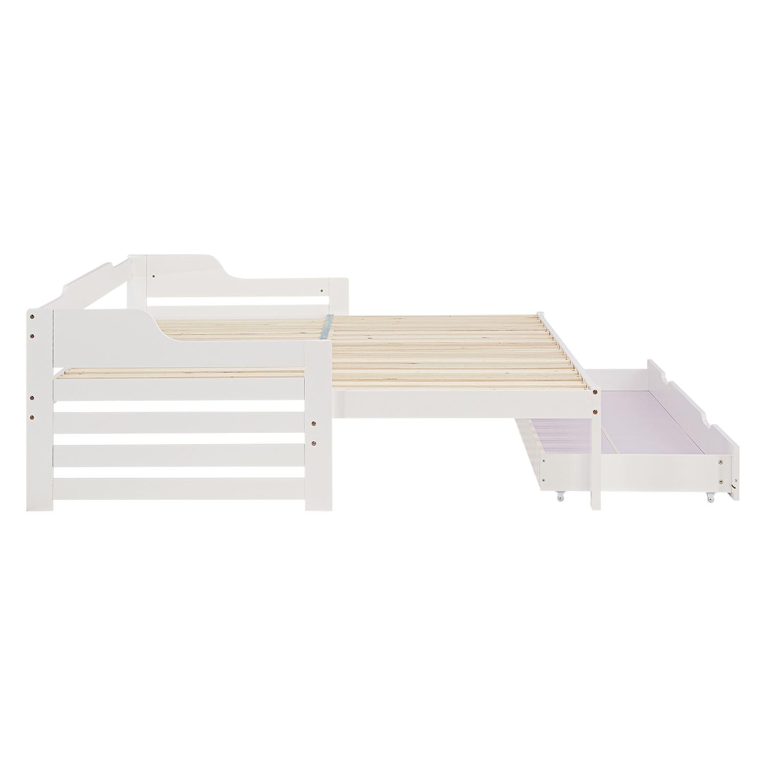 Homestyle4u Kinderbett 90x200 Ausziehbar - Holzbett Weiss mit Schublade | Massives Kiefernholz Tagesbett, Ausziehbett auf 180x200 Doppelbett, inklusive Lattenrost & Stauraum Funktionsbett