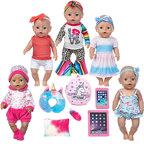 ZQDOLL 22 Pcs 14-16 inch Baby Doll Clothes Dress and Accessories Include 5 Set Doll Clothes with Doll Backpack Mini Phone ï¼ŒPillow Eye Mask fits 43cm New Born Baby Dolls, American 18 Inch Girl Doll