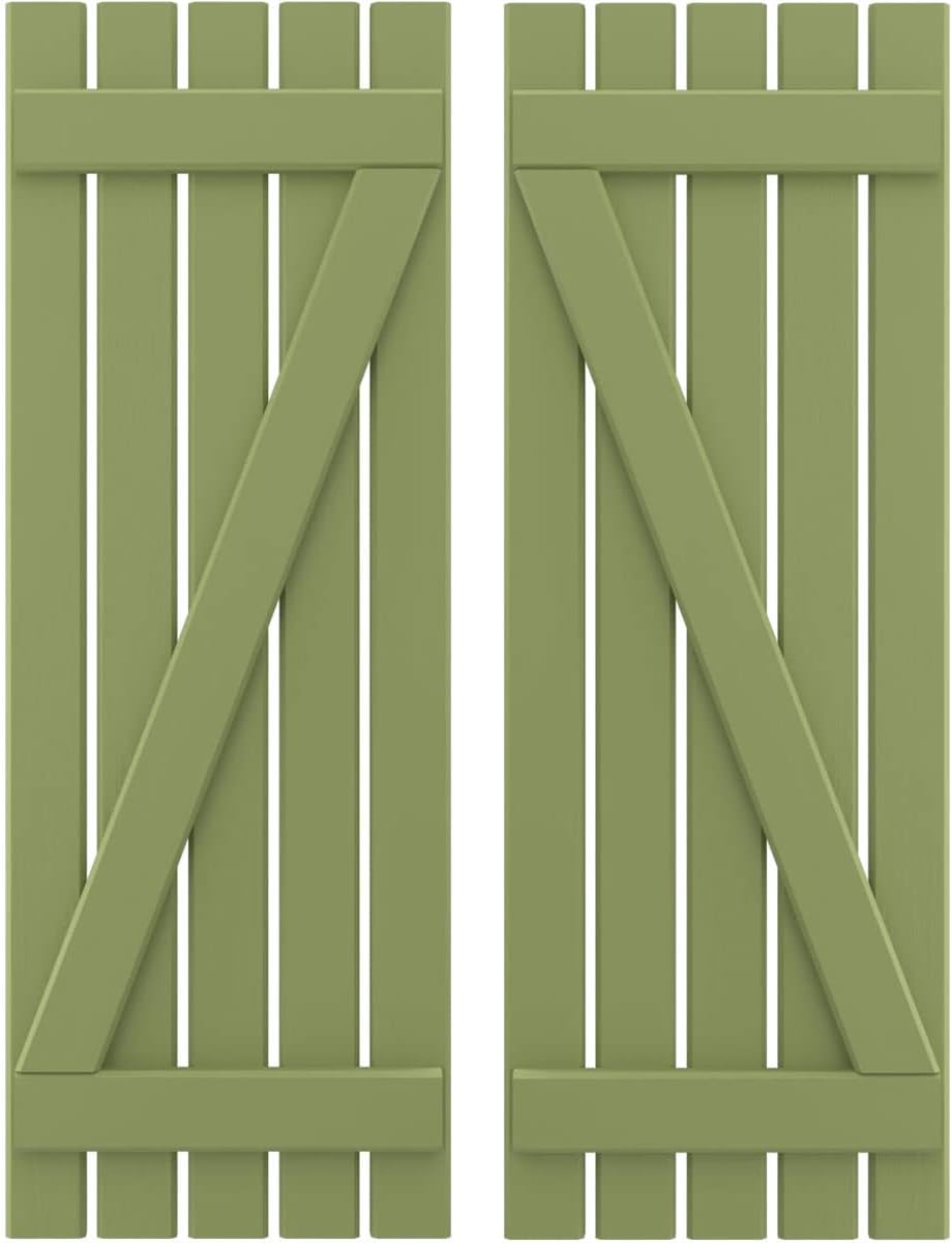 19 1/2"W x 81"H Americraft Five Board (2 Batten) Exterior Real Wood Spaced Board-n-Batten Shutters w/Z-Bar (Per Pair), Moss Green