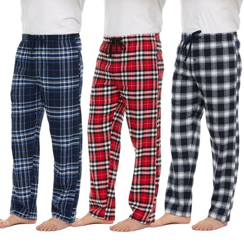 Pajama Pants for Men - 3 Pack Pajama Bottoms - Cotton Blend Flannel Plaid Lounge Pants, Comfortable PJ Pants