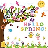MALLMALL6 162Pcs Classroom Tree Bulletin Board Decor Hello Spring Tree Chalkboard Wall Decorations Set with Cutout Flowers Snails Bees Ladybugs Birds for Kindergarten Elementary School Home Decor