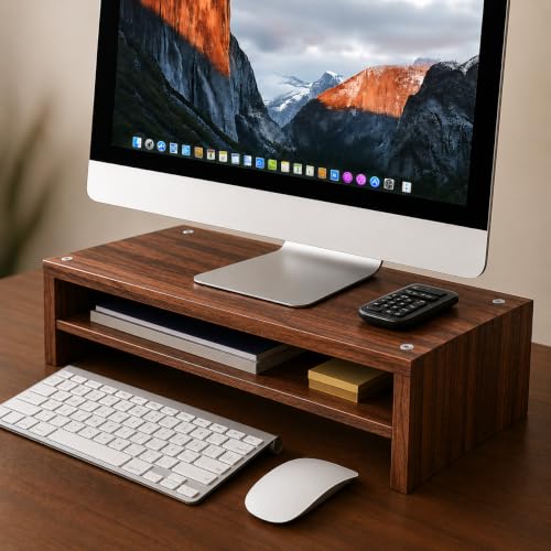 Image of Wooden Monitor Stand with Storage Organizer For Desk, Tables, Office, Home, Studio, Study Table | Desktop Ergonomic Monitor Stand Riser (Walnut, Large)