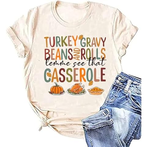 Fall Shirt for Women Turkey Gravy Beans and Rolls Letter Print T Shirts Casual Thanksgiving Tops Tee(BK-05BGE,Large) Cover