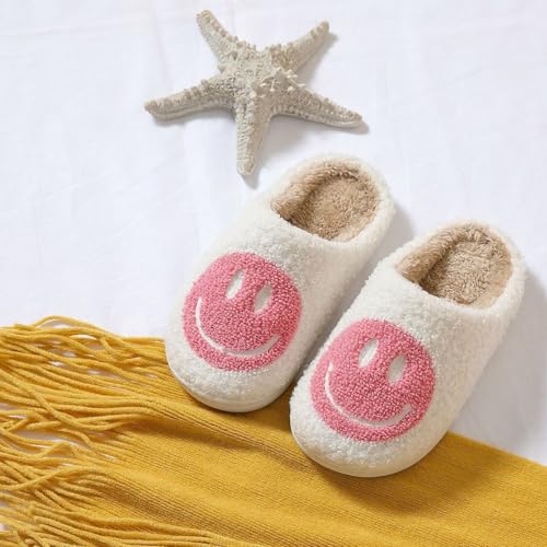Cute Smile Face Slippers for Kids Girls Boys,Soft Plush Happy Face Slippers Non-Slip Toddler Warm House Slippers Little Kids Cartoon Smile Slippers Indoor Outdoor White Pink 3839