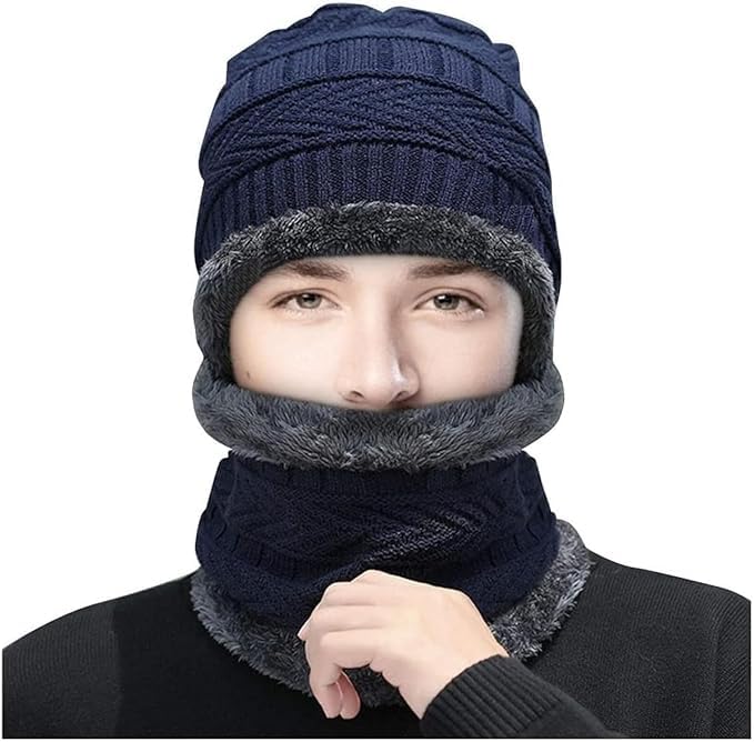 TRUFLAIR Winter Knit Beanie Cap Hat Neck Warmer Scarf and Woolen Gloves Set Skull Cap for Men Women/Winter Cap for Men (3 Piece) Blue 2