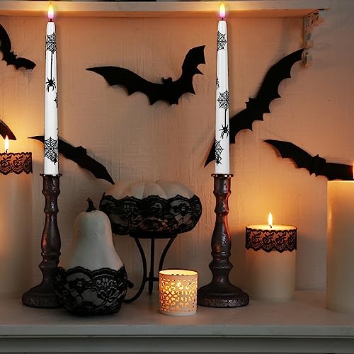 Image of Halloween Decoration Flameless Taper Candles with Remote Timer, Battery Operated LED Halloween Candles Flickering with Spider Web Pattern for Halloween Decor(4 Pack)