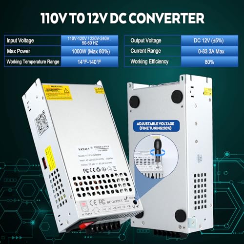 Image of VAYALT 12V 83.3A 1000W DC Switching Power Supply, Universal Regulated Switching AC 110V /220V to DC 12V Transformer, 12V Power Suply for Industrial, Computer Project(No Power Cord)