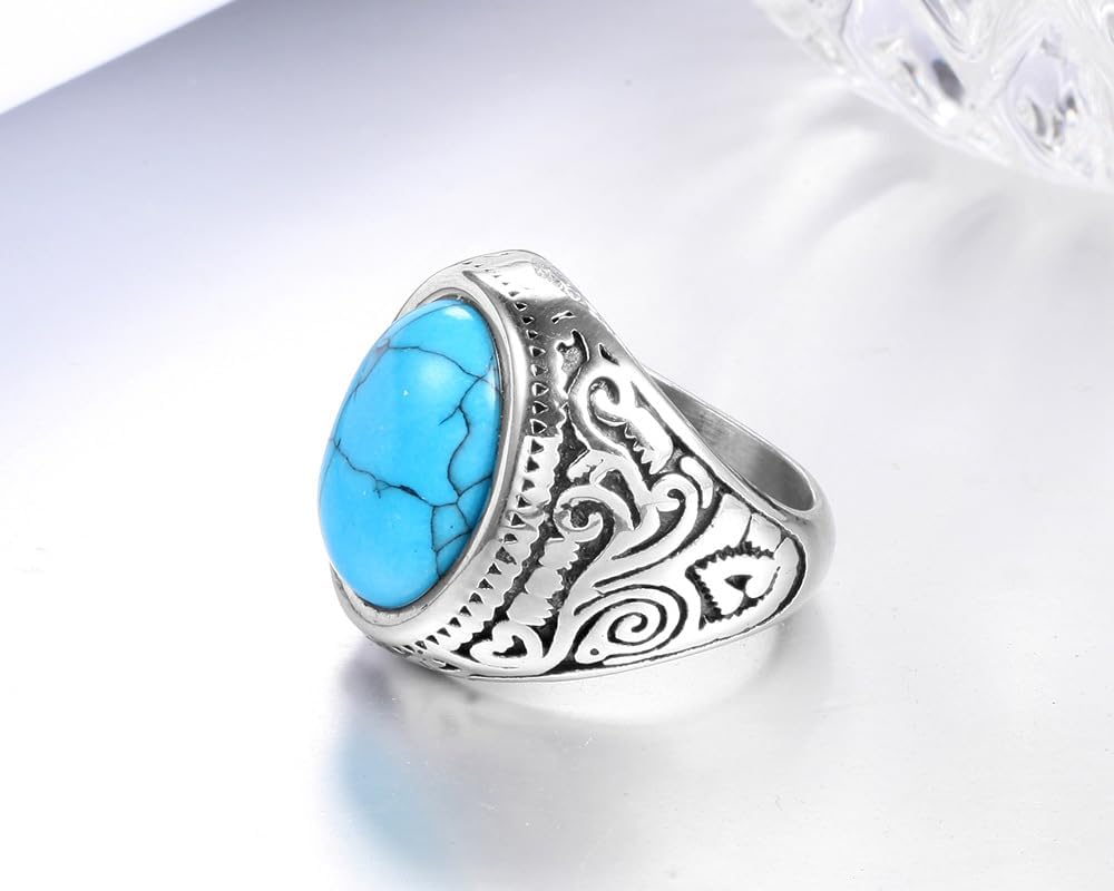 Turquoise Ring for Men,Men Silver Stainless Steel with Blue Turquoise, Vintage - Inspired Design, Gothic Jewelry Sizes 8-12 - Image 5