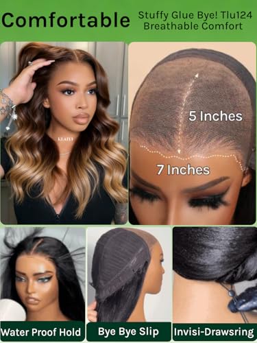 Image of KLAIYI Ombre Brown Bye Bye Slip Loose Wave Precut 7x5Lace Front Wigs Human Hair Glueless Drawstring Balayage Highlight Pre Plucked Bleached Knots Ready to Wear and Go Wig with Face Framing Bang 26Inch