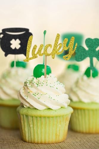 St Patricks Day Cupcake Toppers Decorations, Glitter Happy St.patricks Day Cupcake Toppers For St Patricks Day Decoration, Four Leaf Clover Shamrock Cupcake Topper Happy St Patricks Day Decor -24Pcs #TOP2