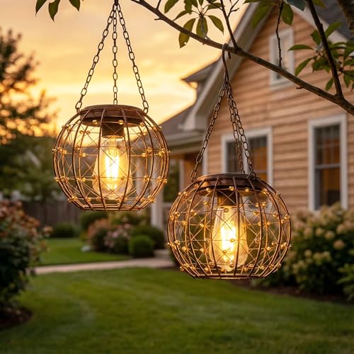 Hanging Solar Lanterns, Solar Lights Outdoor Waterpoof, Solar Chandelier with Warm White Led Bulb...