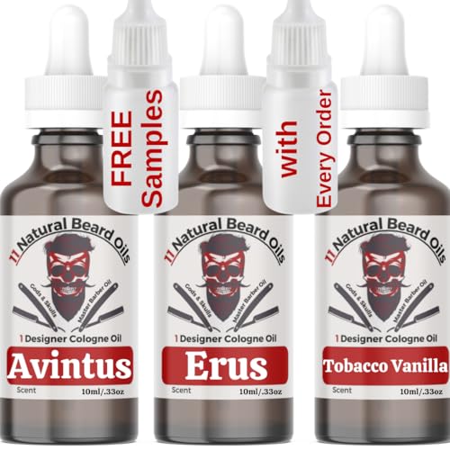 3 Bottle Sample Pack 11 Natural Anti-Aging Cologne Scented Beard Oils For All Men, Beard Growth and Conditioner | Dry Flaky Dandruff skin | Oily Skin ( Avintus, Exclusive, Tobacco Vanilla )