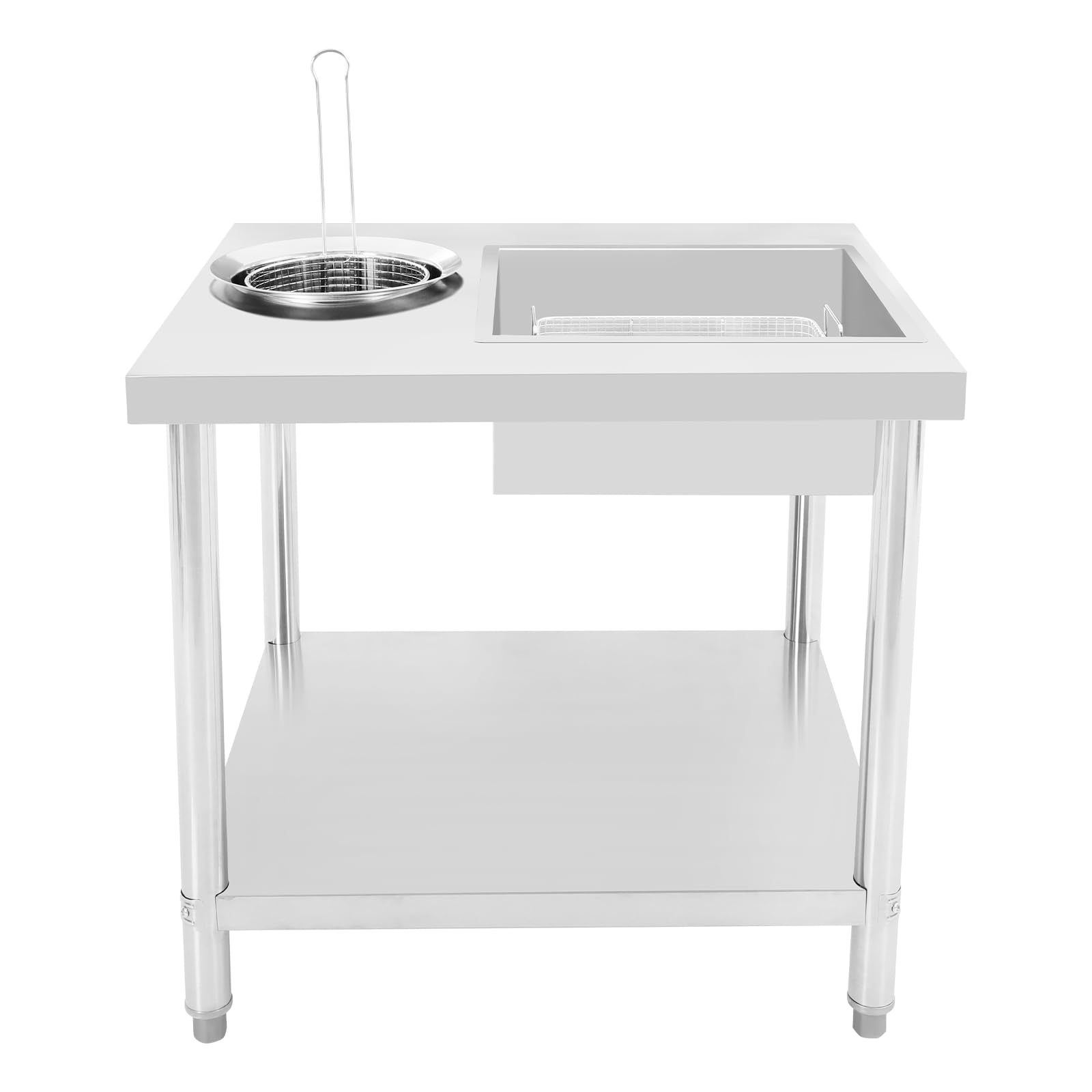 Mesa de empanado de acero inoxidable con cestas dobles y ajuste de altura – Estación de preparación eficiente para pollo asado, pepitas de pollo y fritos – Incluye recipiente, estante inferior para