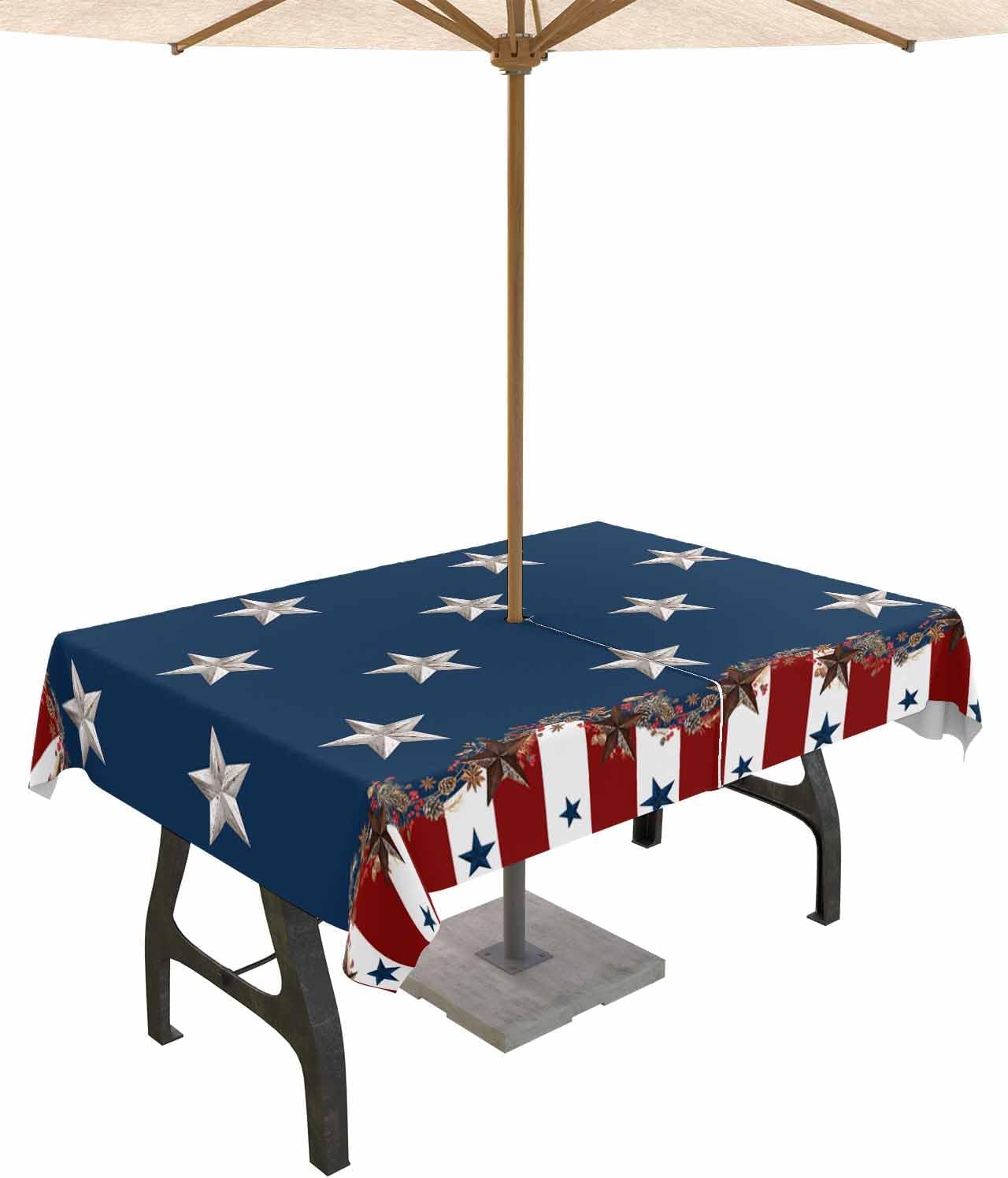 4th of July Tablecloth with Umbrella Hole and Zipper Patriotic Stars Stripes Outdoor Tablecloths 60x84 Outside Table Cloths Rustic Red Blue Patio Table Cloth Cover for Independence Day Garden