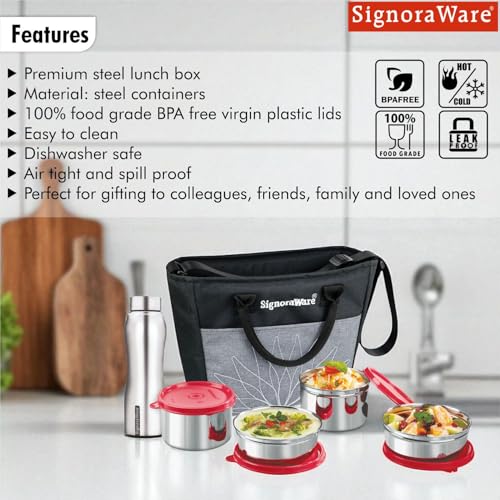Image of SignoraWare Office Stainless Steel Lunch Box with Bottle | Airtight & Leakproof | Durable | Perfect for Office, School & Outdoor Use (500mlx2 + 380mlx2 + 750ml | Set of 5 | Red)