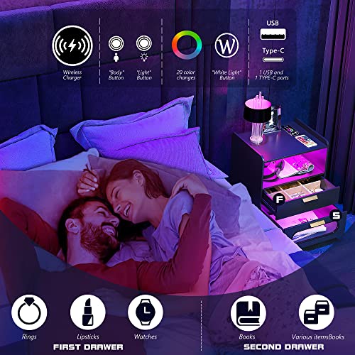 Gurexl Rgb Nightstand With Wireless Charging Station And Usb Ports Auto Sensor Led 24 Color Dimmable For Bedroom Furniture,Modern End Side Bedside Table With Human Body Sensor Function #TOP1
