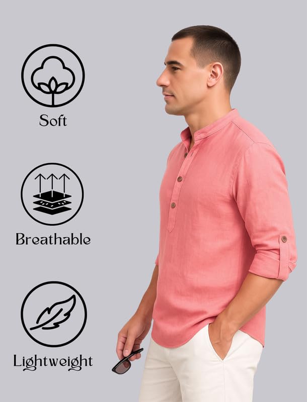 Image of DEEMOON Men's Cotton Blend Solid Regular Fit Full Sleeve Short Kurta | Men's Trendy Short Kurta