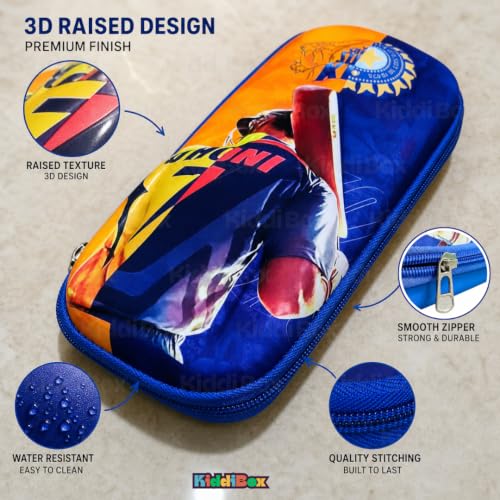 Image of KiddiBox Dhoni Pencil Box for Girls and Boys | Stylish Pencil Case for School, Student, Pen Case Holder with Zipper Mesh Pocket, Hard Top Pencil Pouch for Kids, Stationary Pouch (Yellow & Blue)