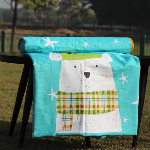 Image of LORETO - A QUALITY LINEN BRAND 100% Cambric Cotton Single Dohar 58 x 88 Inches, 3-Layer Lightweight AC Blanket with Soft Cotton Flannel Filling, Breathable Summer Quilt, Reversible, Teal Cozy Bear