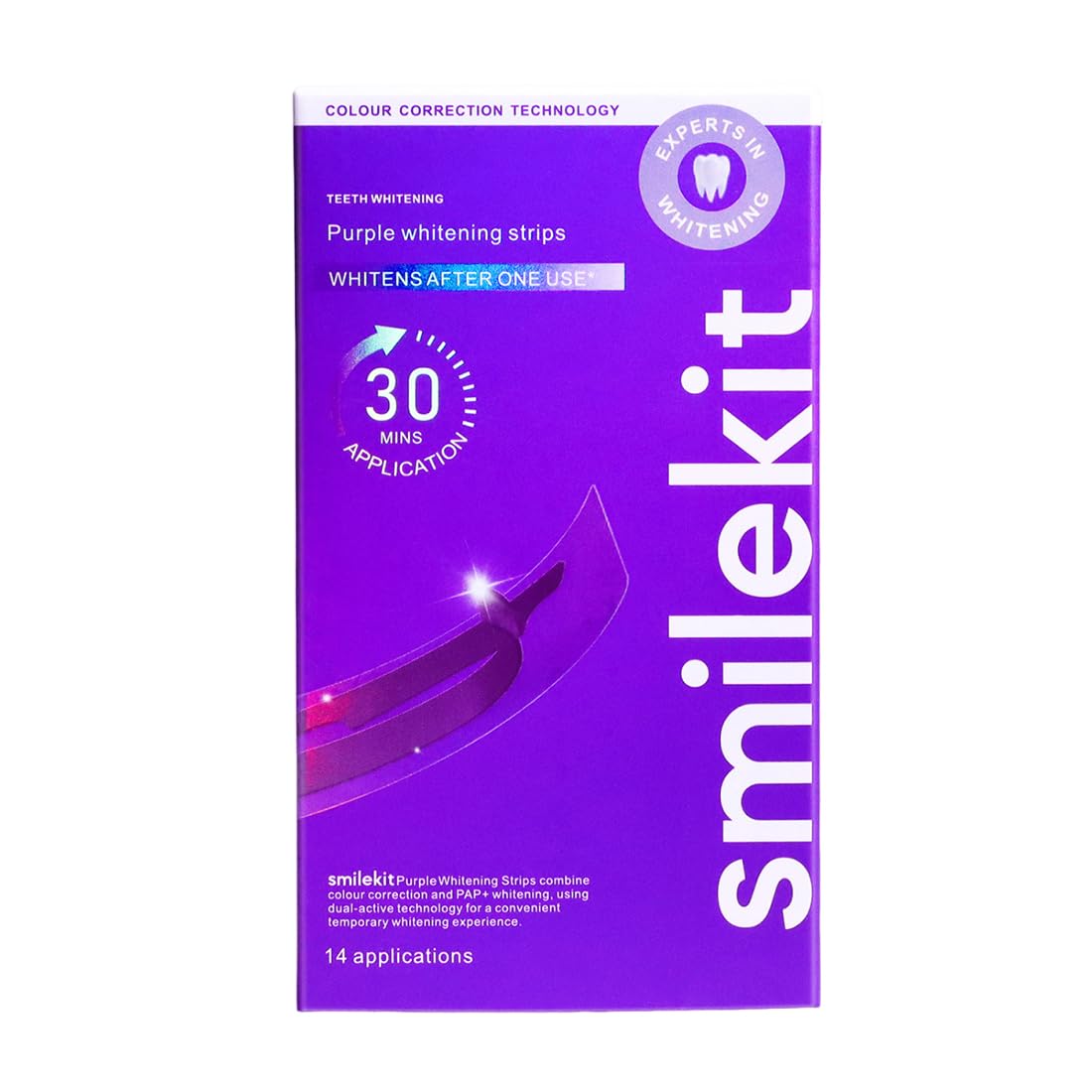 Strisce sbiancanti viola per denti - Formula con PAP + nHAP - Tecnologia viola correttiva del colore - 14 strisce (7 utilizzi) - Adatte ai denti sensibili