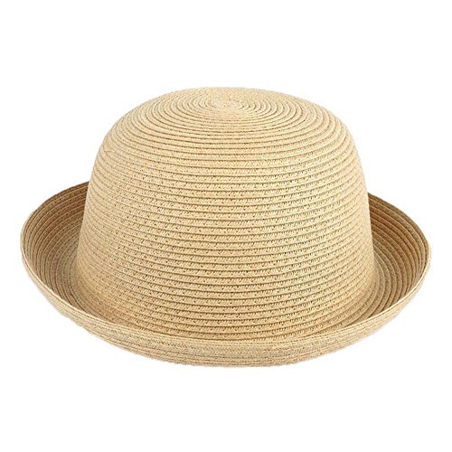 Elee Children Kids Vintage Straw Roll Up Brim Bowler Hat Cloche Cap Dome Sunhat (#7 Beige)