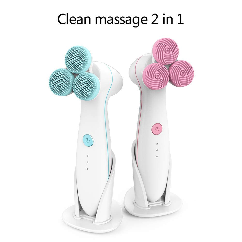 MU Spazzola elettrica per la pulizia del viso, testina di pulizia Testina per massaggio 2 in 1, strumento per la pulizia del massaggio 3D Ipx6 Silicone elettrico impermeabile,Blu