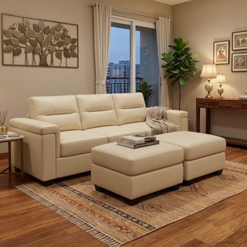 Image of FURNY Parker 3 Seater Sofa Set with 2 Ottoman | Premium Leatherette Finish | Durable Comfort Sofa for Modern Living Room & Office Spaces