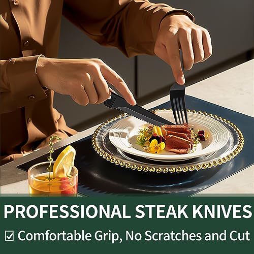 Image of EWFEN 24-Piece Black Silverware Set with Steak Knives, Black Flatware Set for 4, Food-Grade Stainless Steel Tableware Cutlery Set, Mirror Finished Utensil Sets for Home Restaurant, Hammered Edge