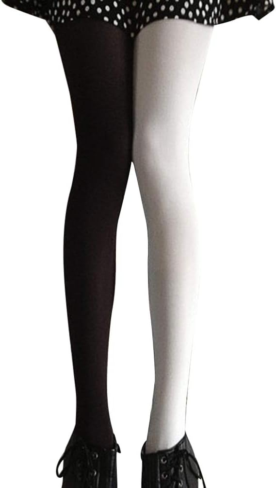 TENDYCOCO Two-Toned Black and White Stockings for Women, Leggings Opaque Tights Fashion Double Color Ab Splice Tights with Elastic Fit for Carnival Cosplay Party Dance and Daily Wear