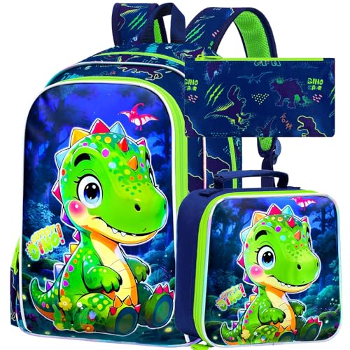 Image of AGSDON 3PCS Dinosaur Backpack for Boys, 16 inch Little Kids Preschool Bookbag, Elementary Backpacks and Lunch Box - Green
