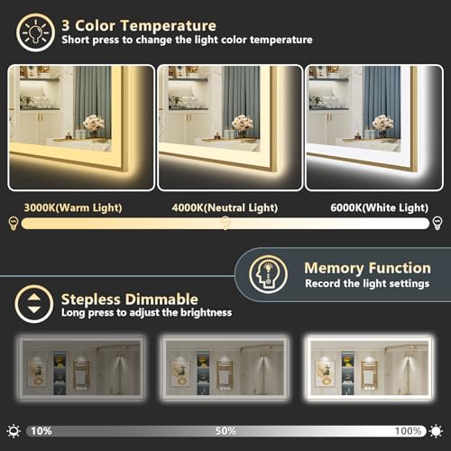Image of 77x36 Gold LED Bathroom Mirror with Lights, Brushed Gold Framed Backlit and Front Lit Anti-Fog Lighted Vanity Mirrors for Bathroom Wall, Dimmable, 3 Colors, Memory, HD Tempered Glass, CRI 95