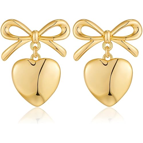 FAUTHENTICUTE Gold Heart Dangle Earrings For Women Ribbon Bow Dangle Earrings