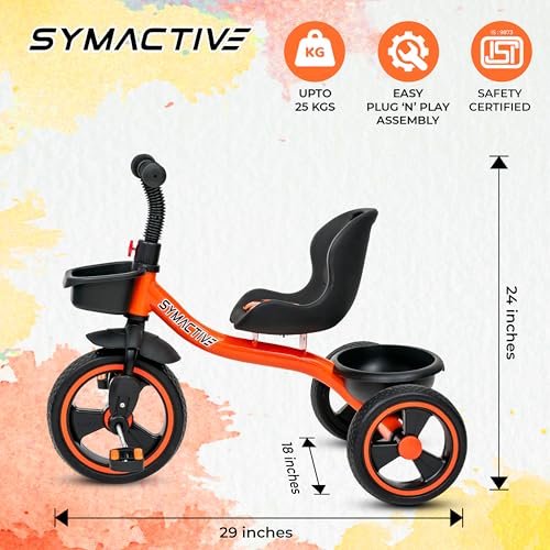 Image of Amazon Brand - Symactive Tricycle for Kids | Plug N Play | Baby Cycle with Grip Handle, Eva Wheels, Seat & Basket | Kids Tricycle /Cycle | 2+ Years Unisex | Weight Limit Upto 25 Kgs (Orange)
