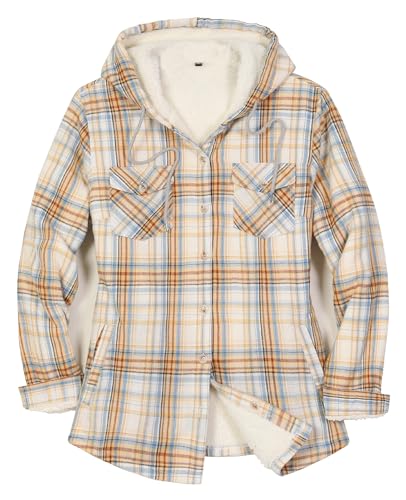 ThCreasa Womens Sherpa Lined Plaid Hooded Flannel Jacket with Hand Pockets Button Down Shirt Jackets