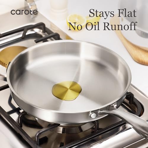 Image of CAROTE 3-Piece Tri-Ply Stainless Steel Frying Pan Set, Skillet Set 8 inch /10 inch /12 inch, Induction Compatible, Oven & Dishwasher Safe, Silver Handle