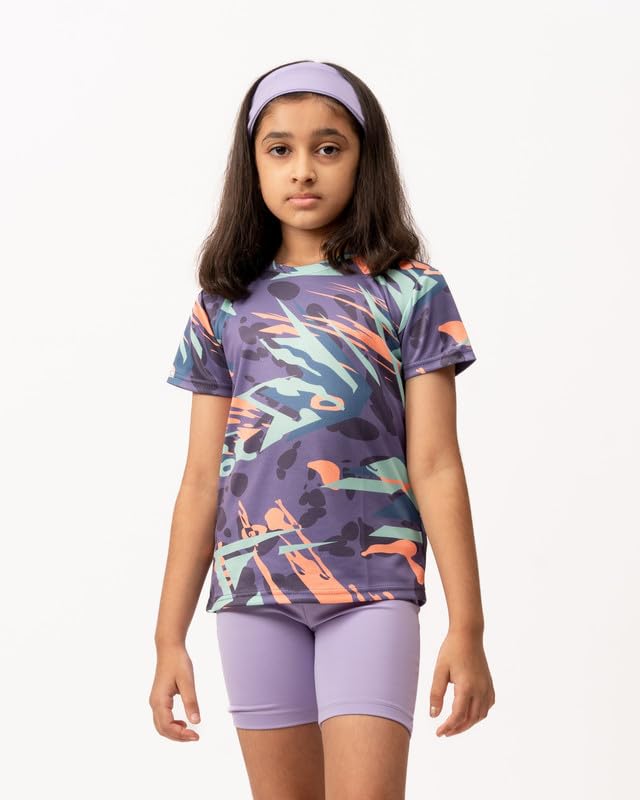 UMILDO Active Girl's Solid Knee Length Cycling Shorts & Cubic Printed Half Sleeves T-Shirt Set. Lavender 2